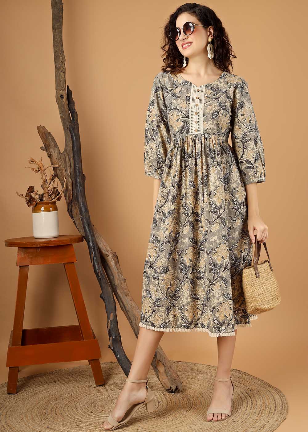Grey Flower Printed Midi Dress