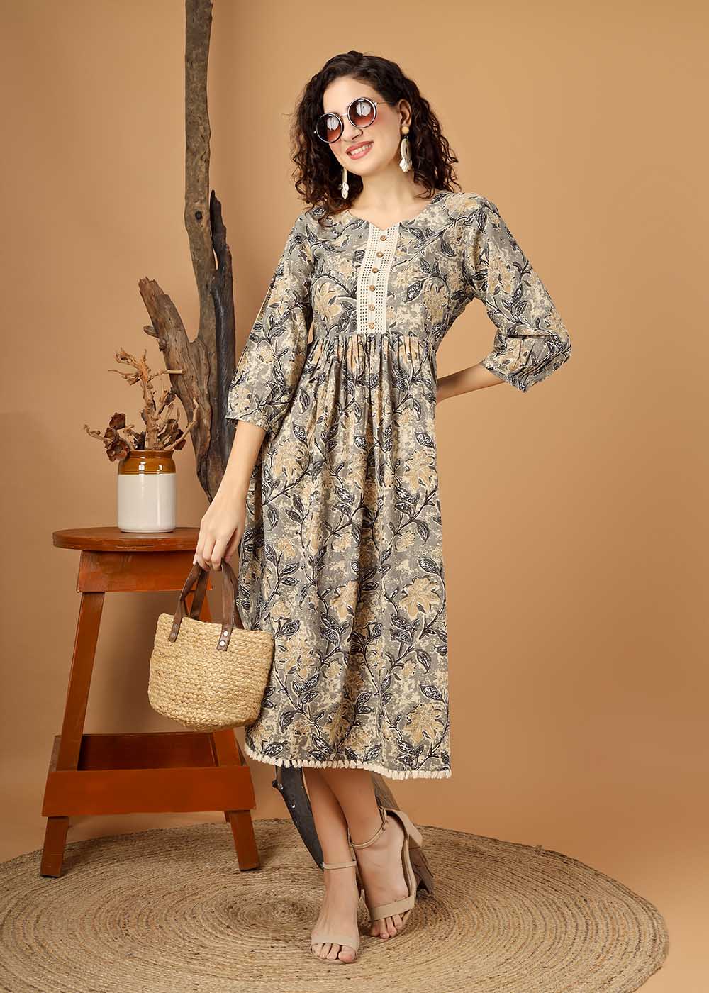 Grey Flower Printed Midi Dress