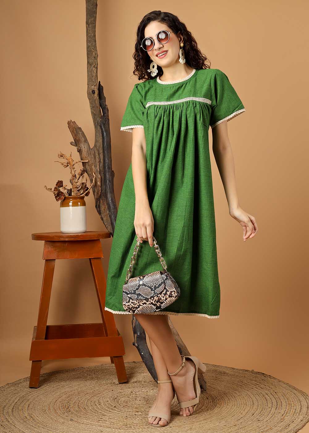 Lace Panel Puff Sleeve Dress