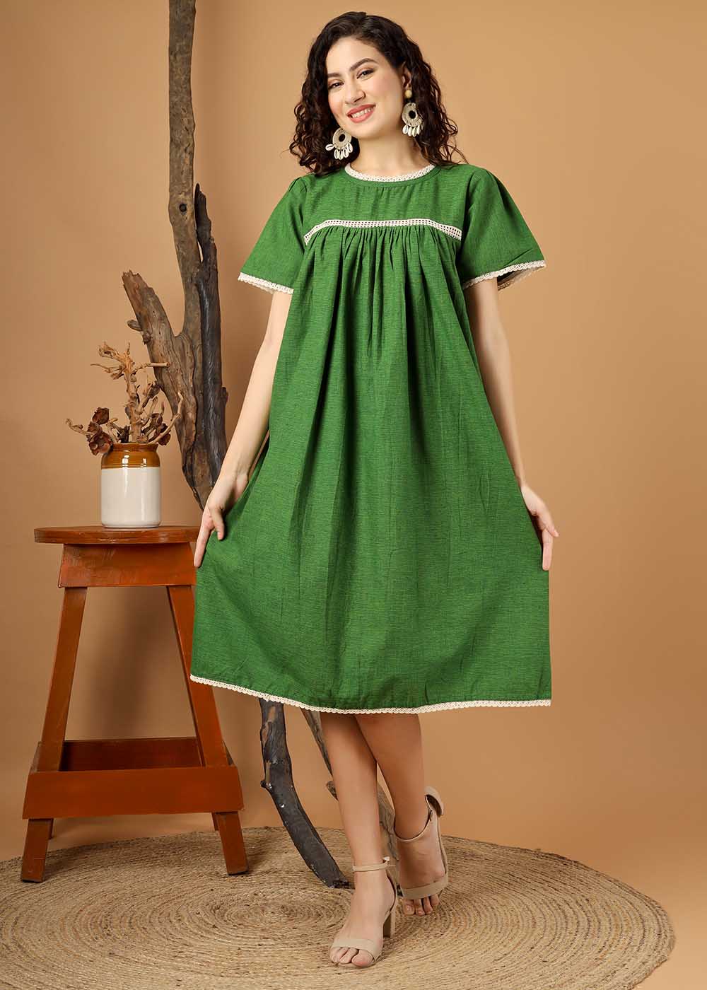 Lace Panel Puff Sleeve Dress