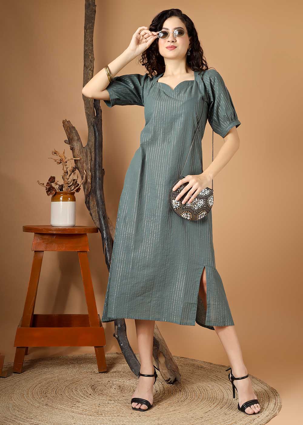 Jamdani Zari Dress With Front Slit