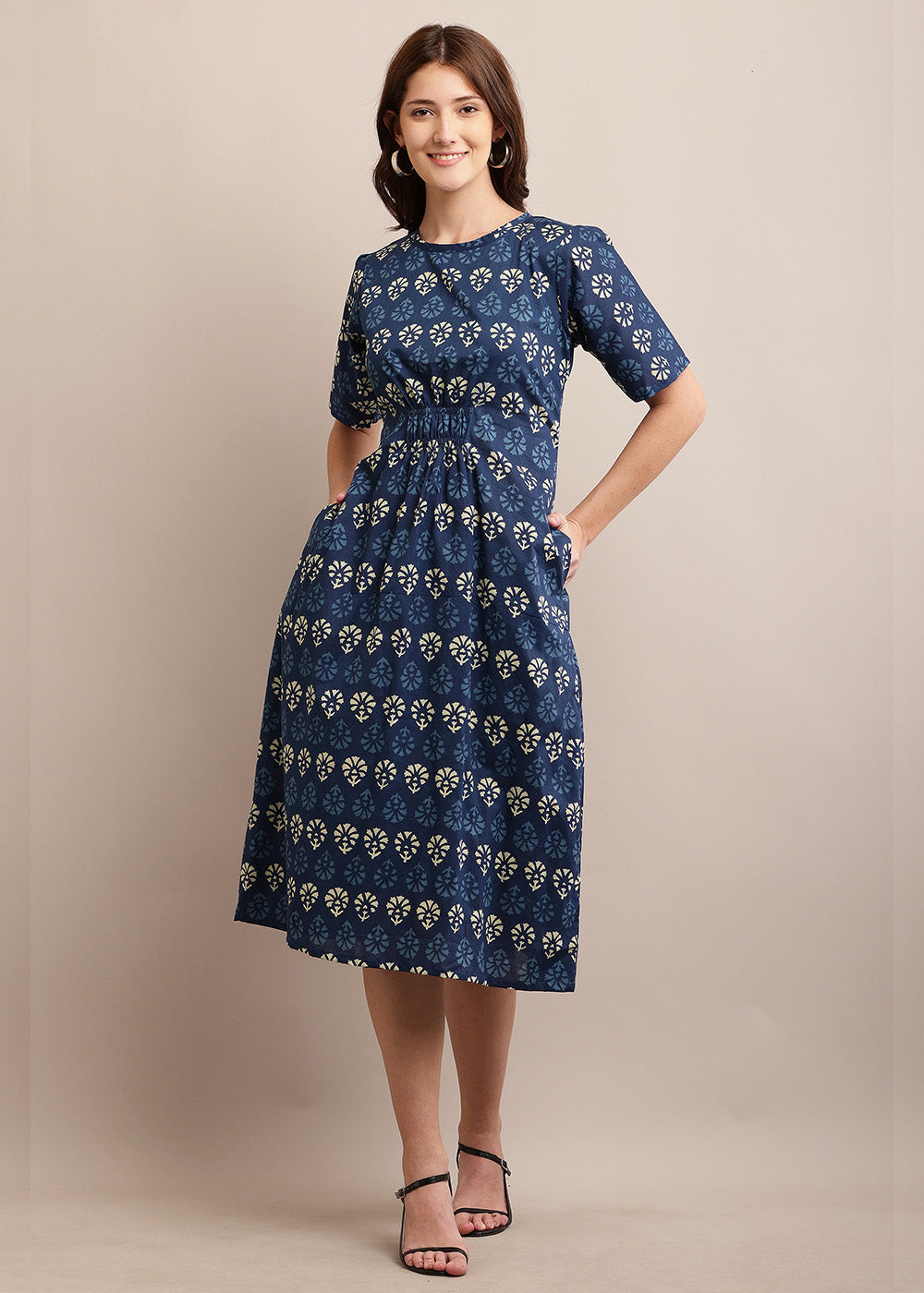 A-Line Fit & Flare Handblocked Dress With Pocket