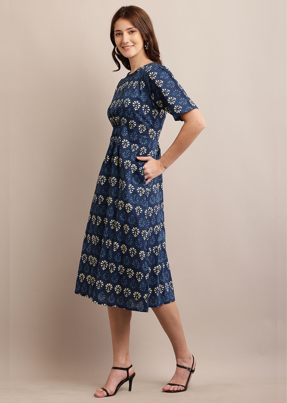 A-Line Fit & Flare Handblocked Dress With Pocket