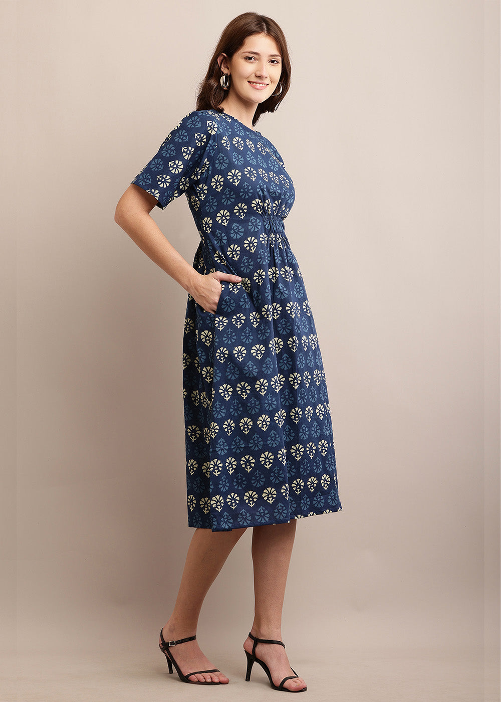 A-Line Fit & Flare Handblocked Dress With Pocket