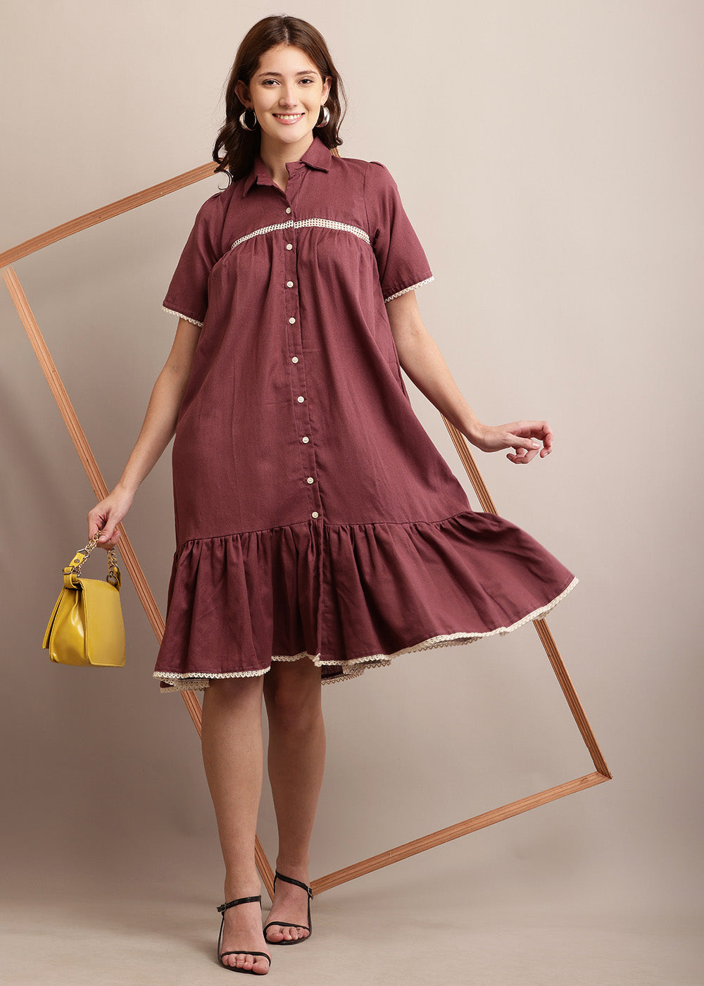 Amiable Shirt Dress With Lace Panel