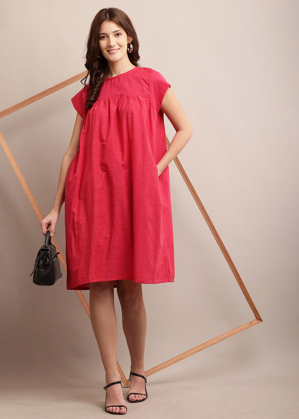 Cap Sleeve Loose Pink Colour Dress