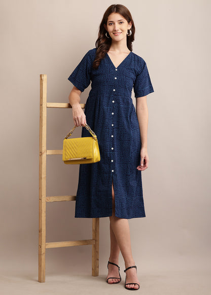 Indigo Blue Block Printed Dress