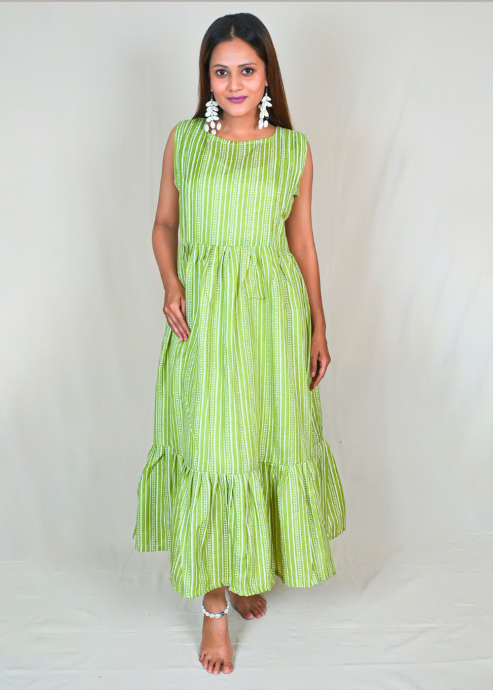 Delicate Tiered Dress With Knife Pleats On The Yoke & Tie Up Details on Back