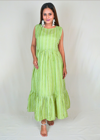 Delicate Tiered Dress With Knife Pleats On The Yoke & Tie Up Details on Back