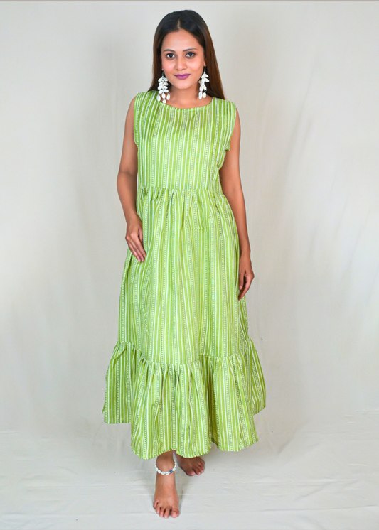 Delicate Tiered Dress With Knife Pleats On The Yoke & Tie Up Details on Back