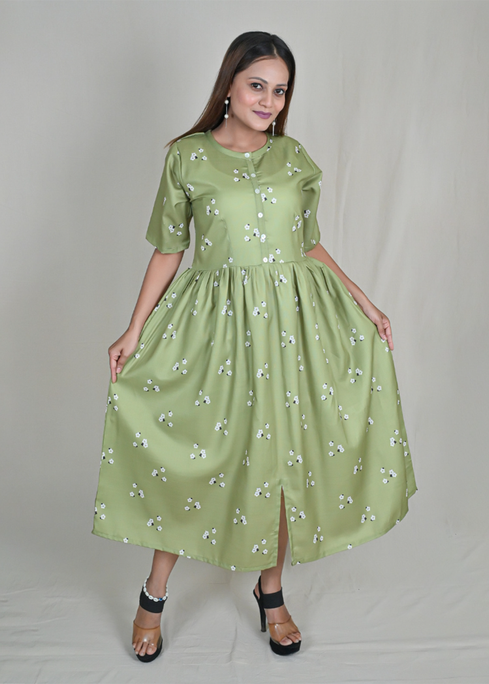 Digital Flower Print Dress With Front Slit