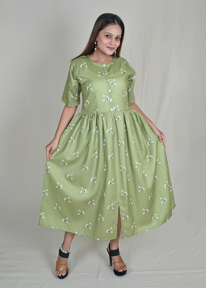 Digital Flower Print Dress With Front Slit
