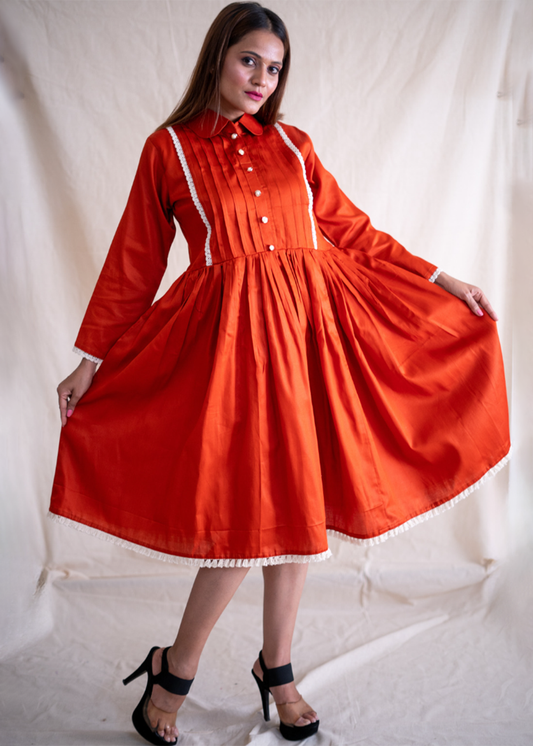 Rust Orange Dress With Pleated Yoke Design