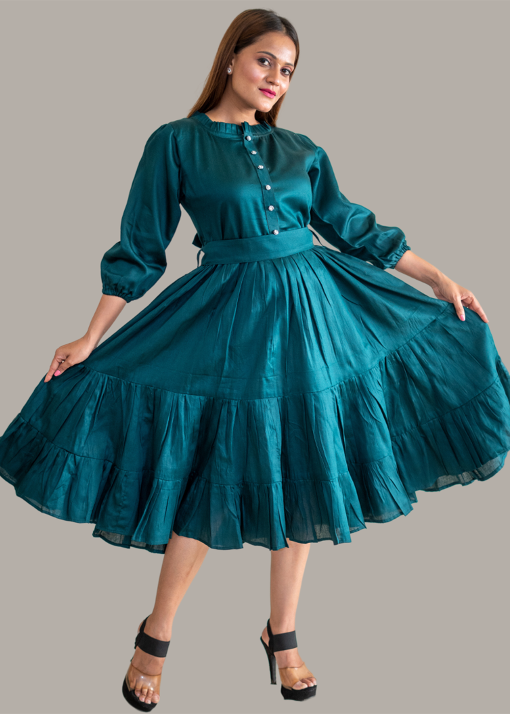 Dramatic Neckline Tiered Dress With Belt