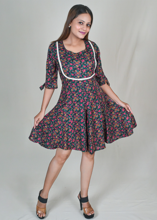 Godet Mini Dress With Stylish Yoke Design