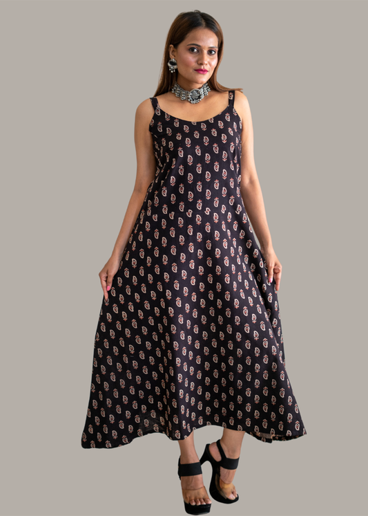 Black handblock  Paisley Spaghetti Dress