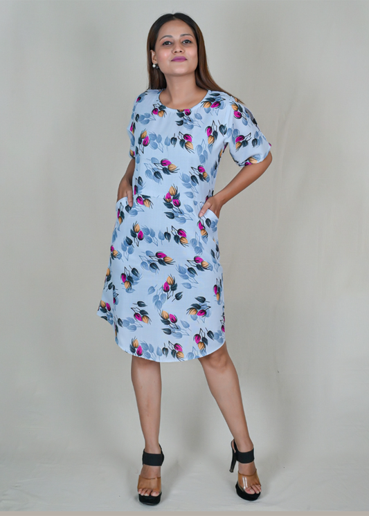 Grey Curved Hemline Mini Dress With Pocket