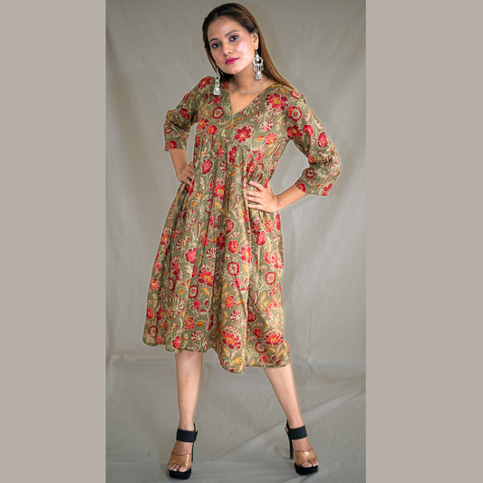 Olive Bloom In The Dark V Neck Gathered Dress