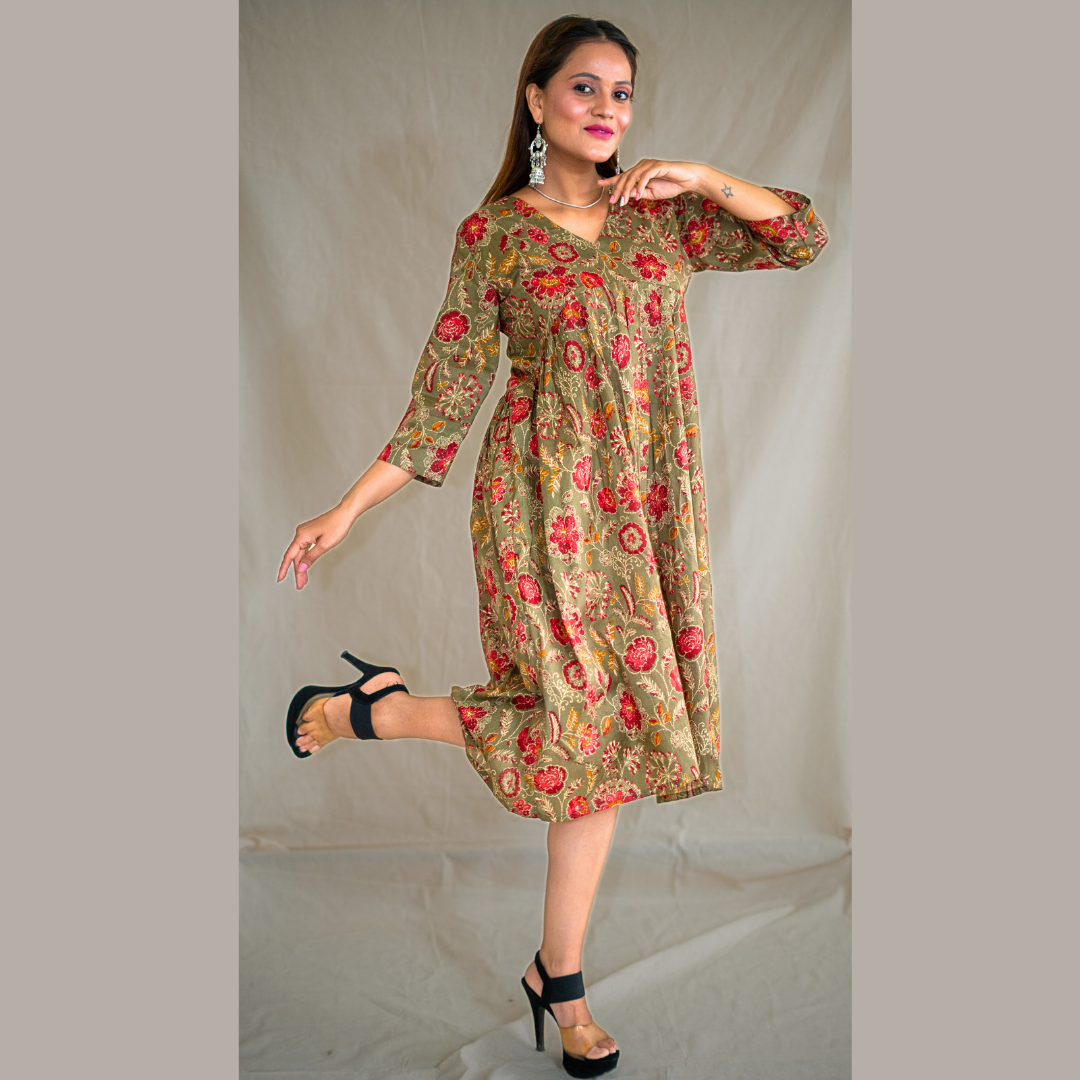 Olive Bloom In The Dark V Neck Gathered Dress