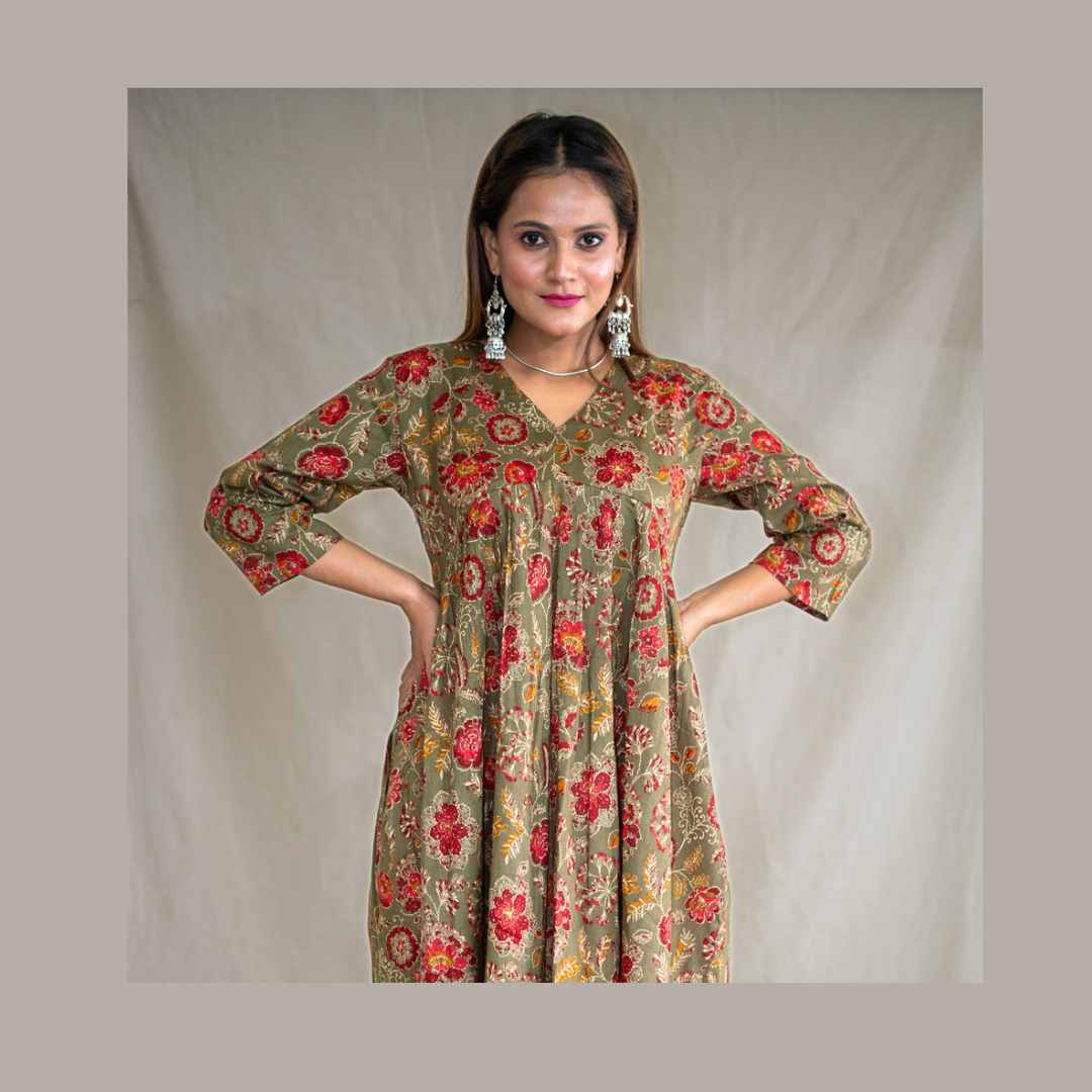 Olive Bloom In The Dark V Neck Gathered Dress