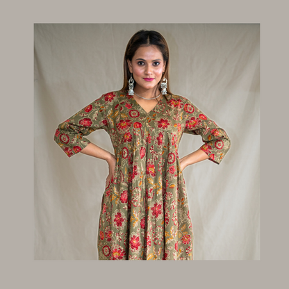 Olive Bloom In The Dark V Neck Gathered Dress