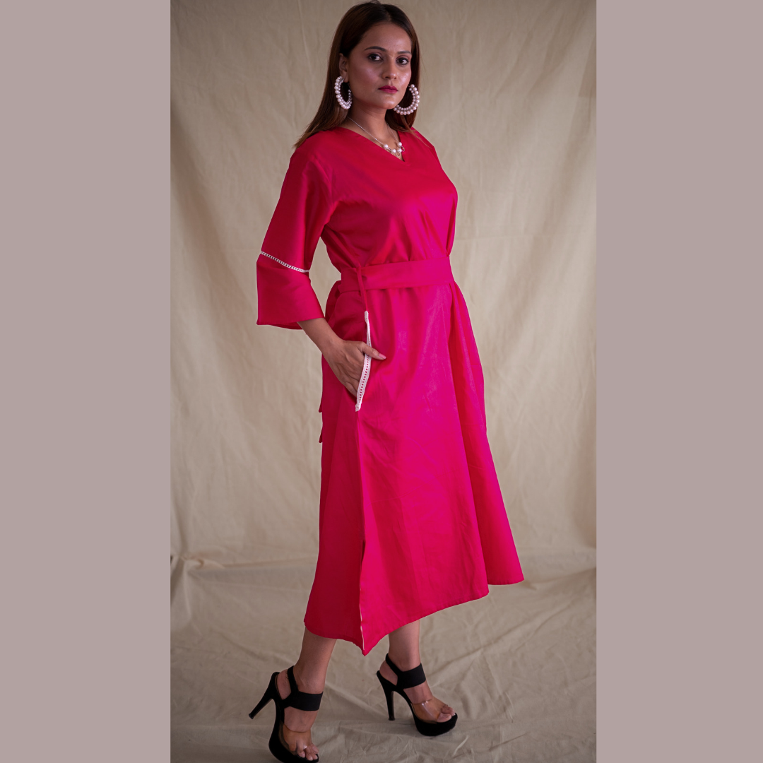 Posh Pink A-Line Dress With Side Slits & Belt