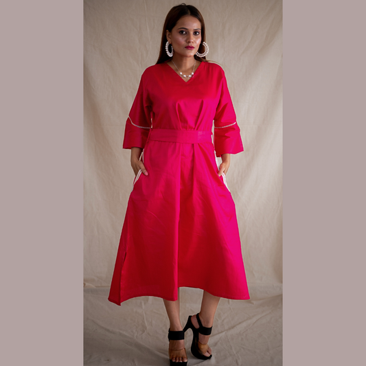 Posh Pink A-Line Dress With Side Slits & Belt