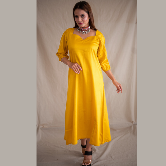Yellow Slit Dress With Sweetheart Neckline