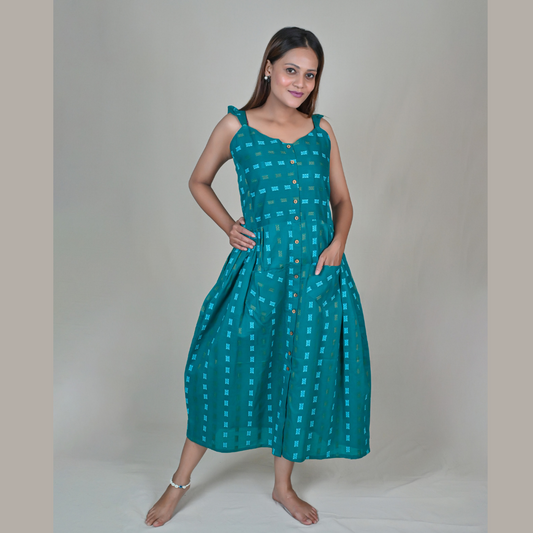 Ruffle Spaghetti Strap A-Line Dress With Front Slit & Pocket