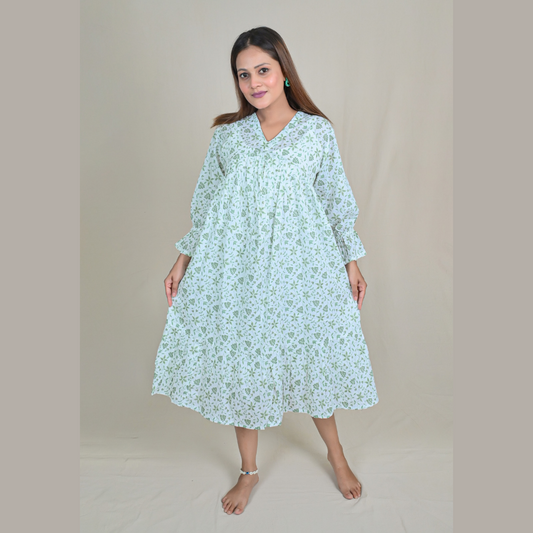 White & Green Midi Flared Dress