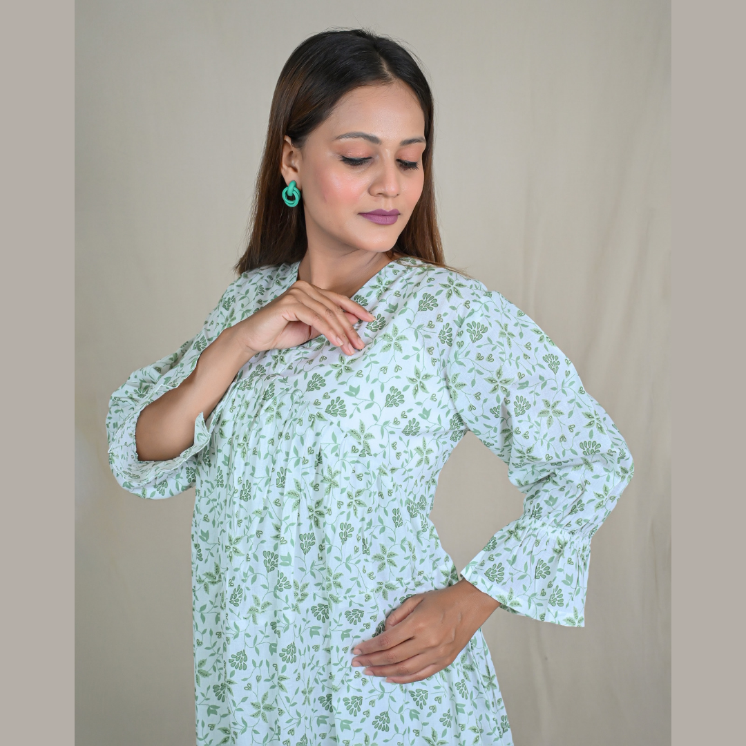 White & Green Midi Flared Dress