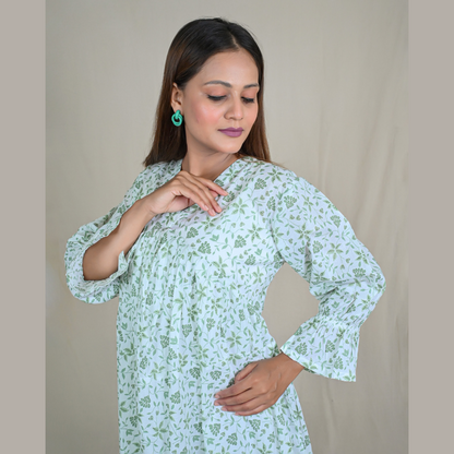 White & Green Midi Flared Dress
