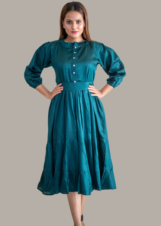 Dramatic Neckline Tiered Dress With Belt