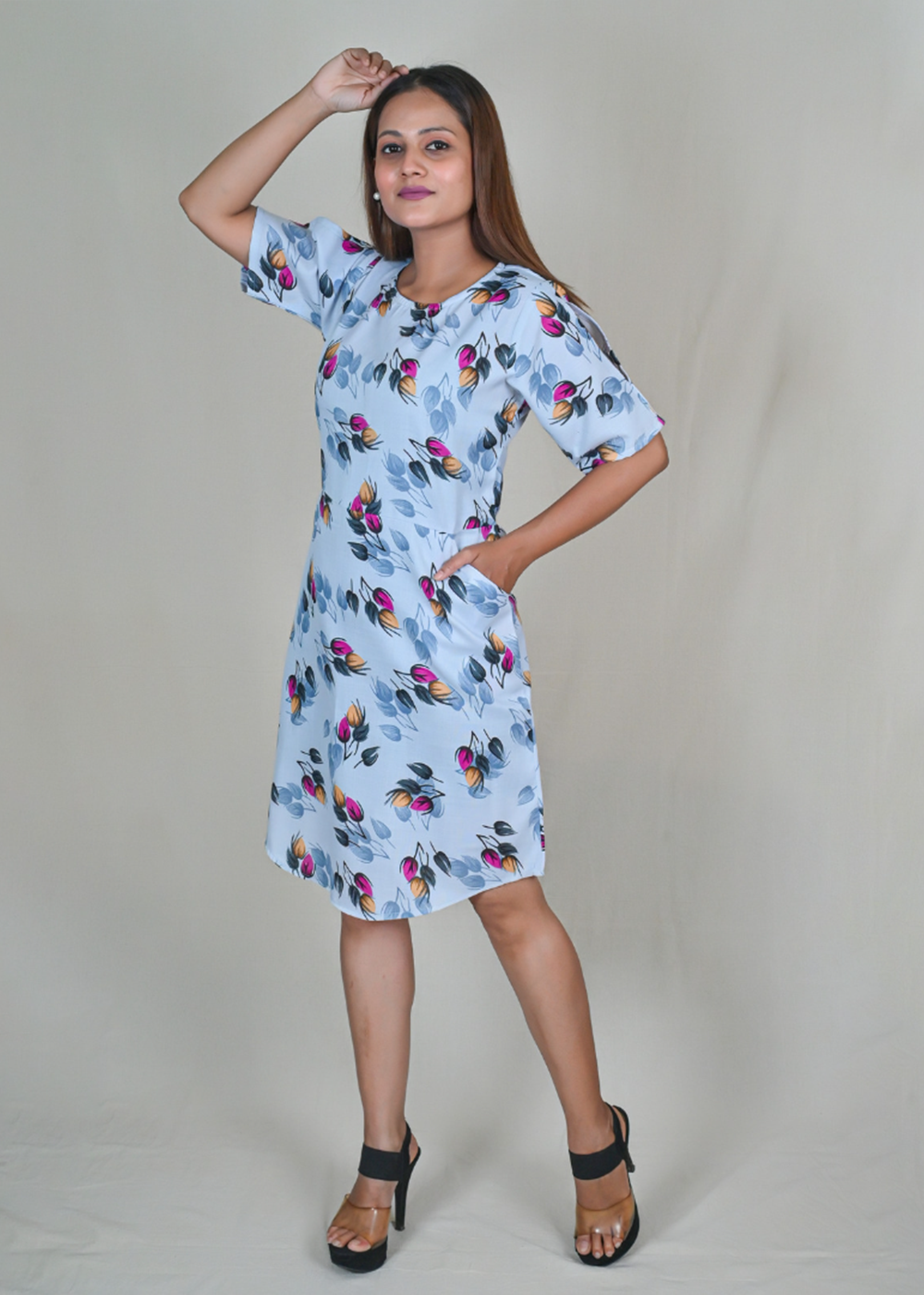 Grey Curved Hemline Mini Dress With Pocket