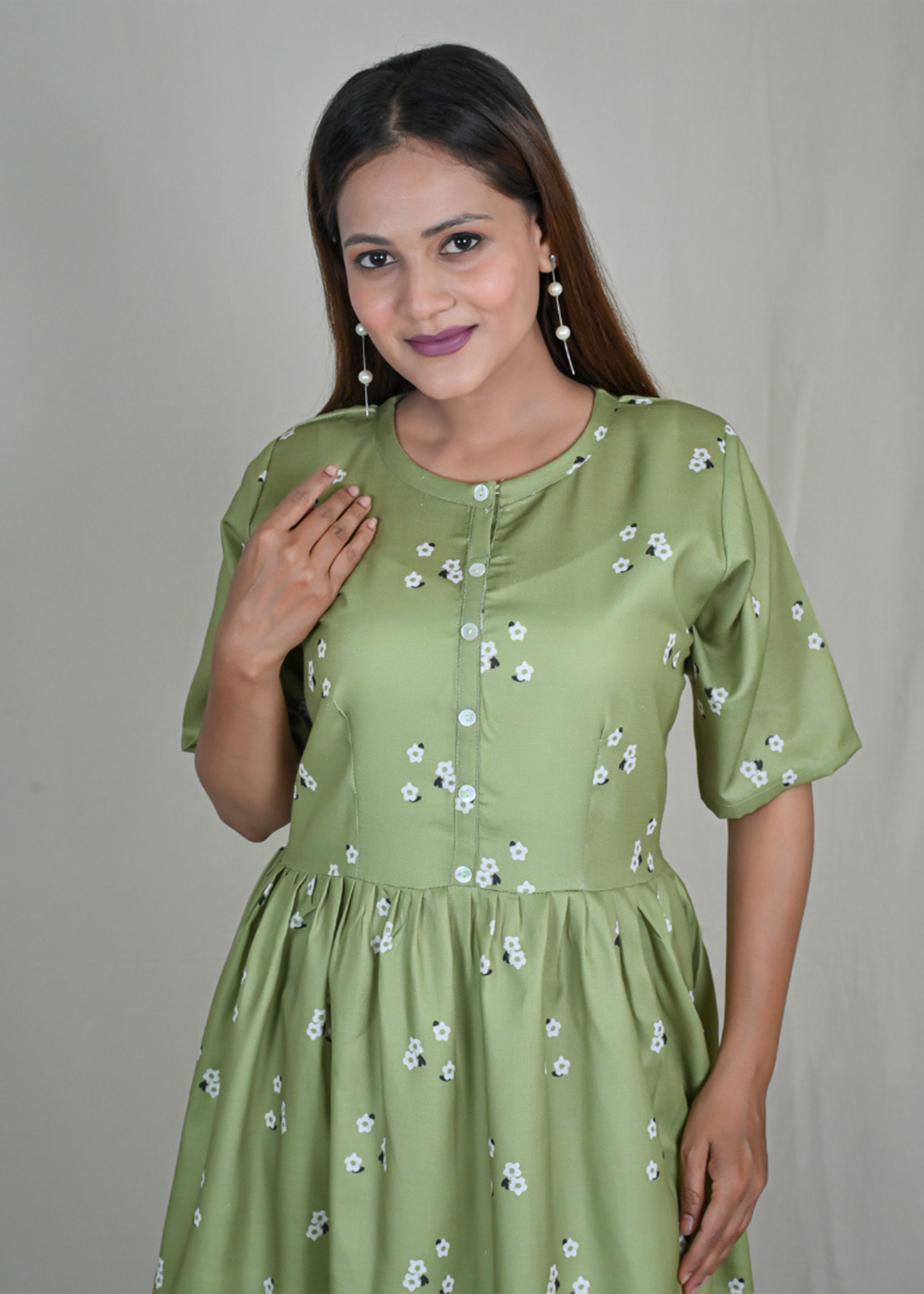 Digital Flower Print Dress With Front Slit