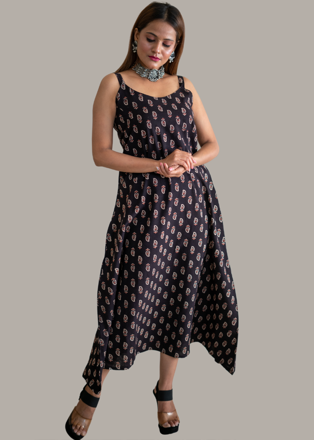Black handblock  Paisley Spaghetti Dress