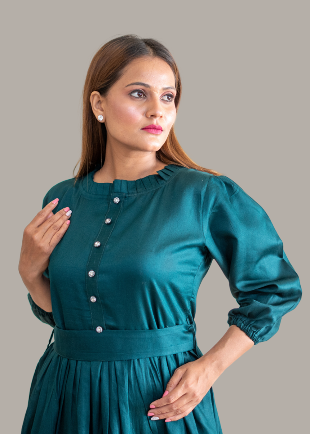 Dramatic Neckline Tiered Dress With Belt