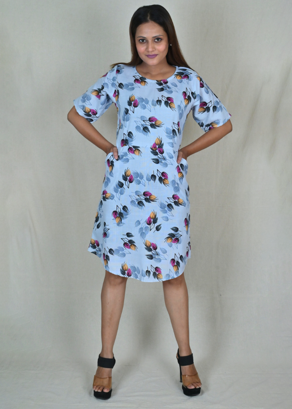 Grey Curved Hemline Mini Dress With Pocket