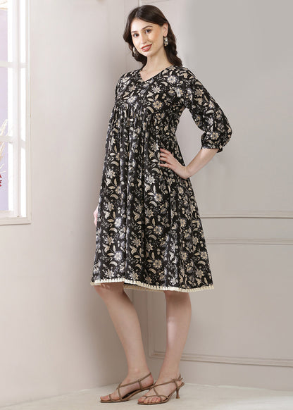 Black Blossom Dress With An A-line Silhouette!