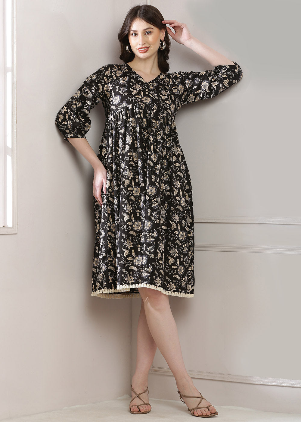 Black Blossom Dress With An A-line Silhouette!
