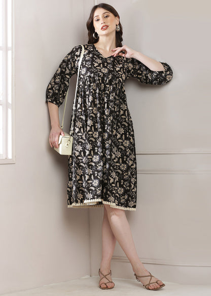 Black Blossom Dress With An A-line Silhouette!