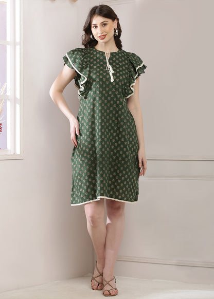 A-Line Dress In A Stunning Olive Green Print