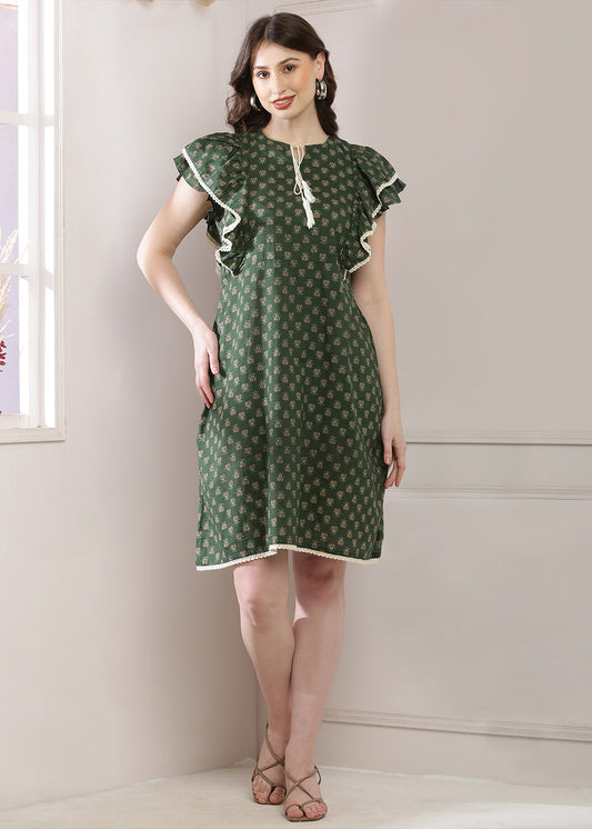 A-Line Dress In A Stunning Olive Green Print