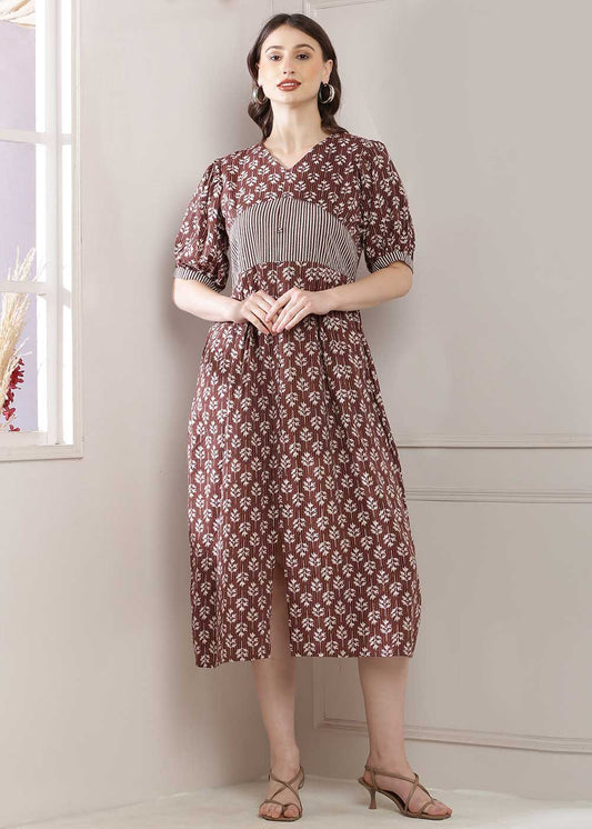 A-Line Dress In A Stunning Brown Colour, Featuring A Corset Design And A Stylish Front Slit