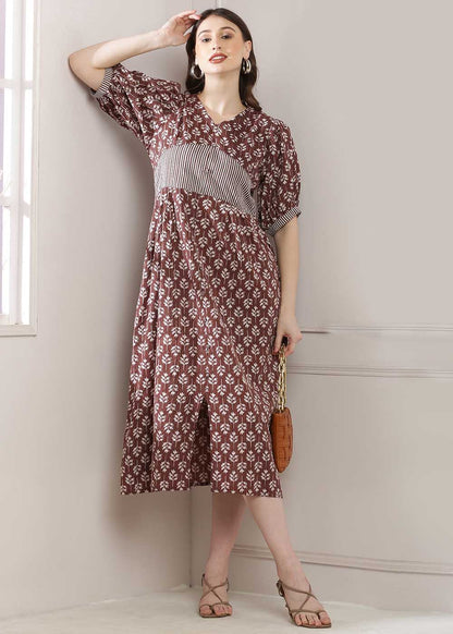 A-Line Dress In A Stunning Brown Colour, Featuring A Corset Design And A Stylish Front Slit
