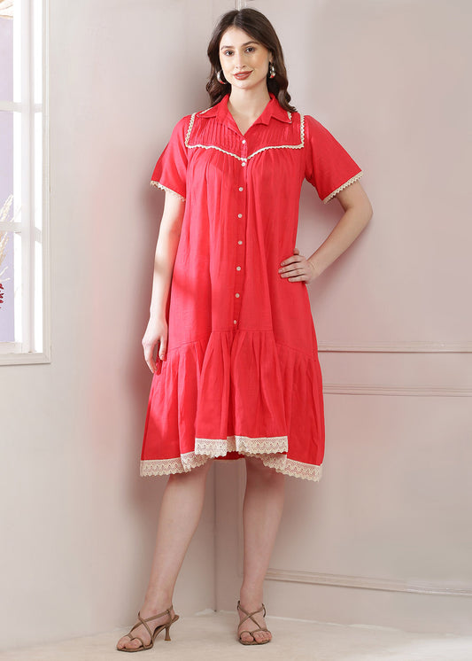 Orange Yoke Dress Features Intricate Lace Work And A Convenient Pocket