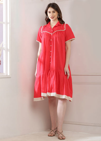 Orange Yoke Dress Features Intricate Lace Work And A Convenient Pocket