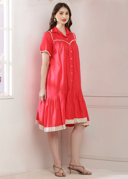 Orange Yoke Dress Features Intricate Lace Work And A Convenient Pocket