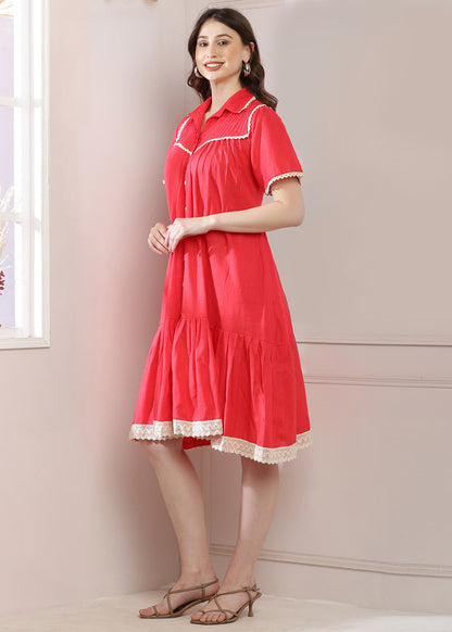 Orange Yoke Dress Features Intricate Lace Work And A Convenient Pocket