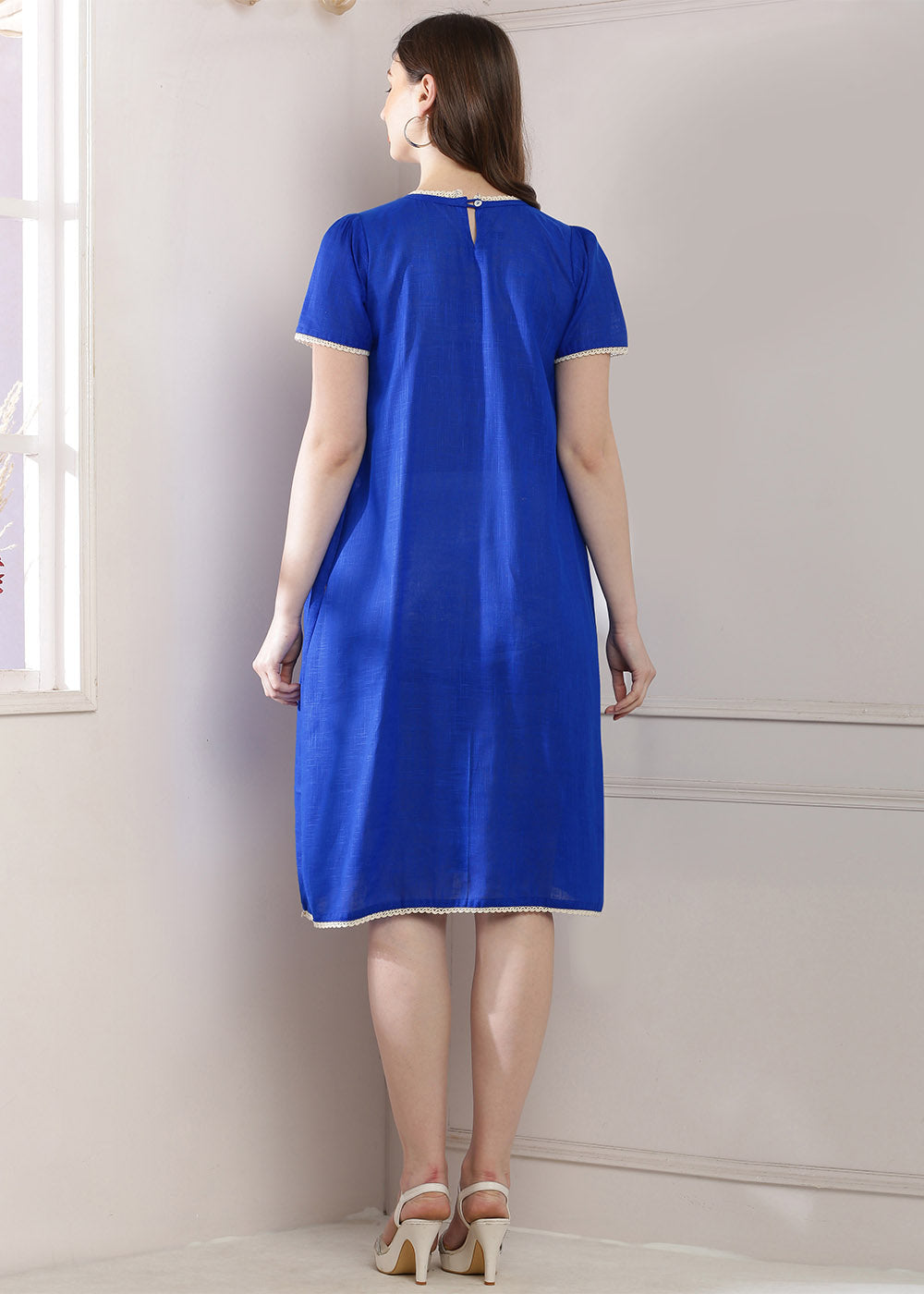 Blue Lace Panel Dress With Puff Sleeves